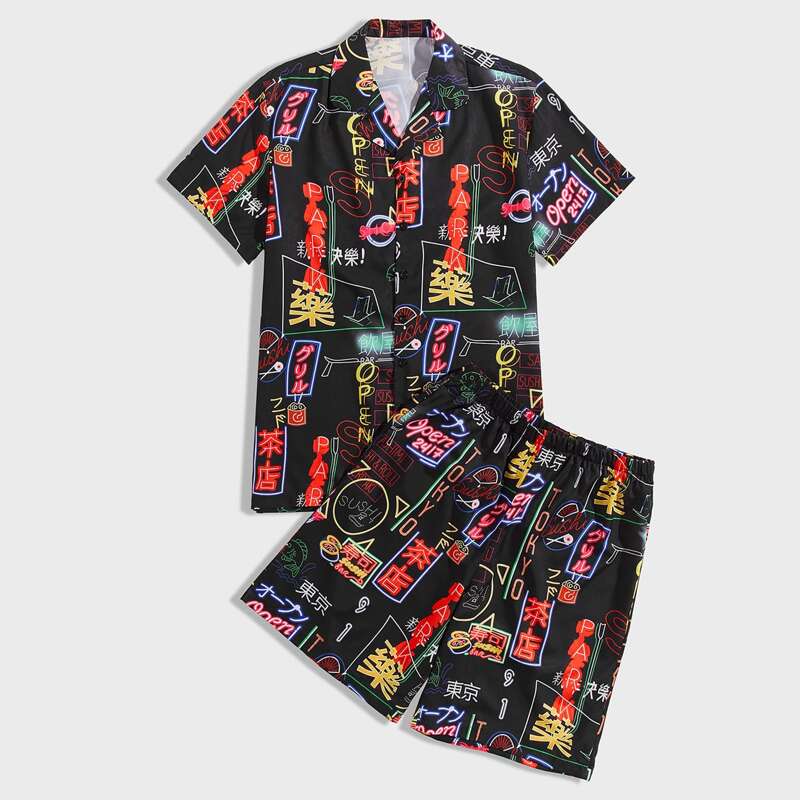 

Guys Lapel Letter Graphic Button Up Shirt & Shorts, Multicolor