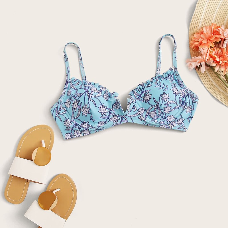 

Floral V Wired Underwire Bikini Top, Blue