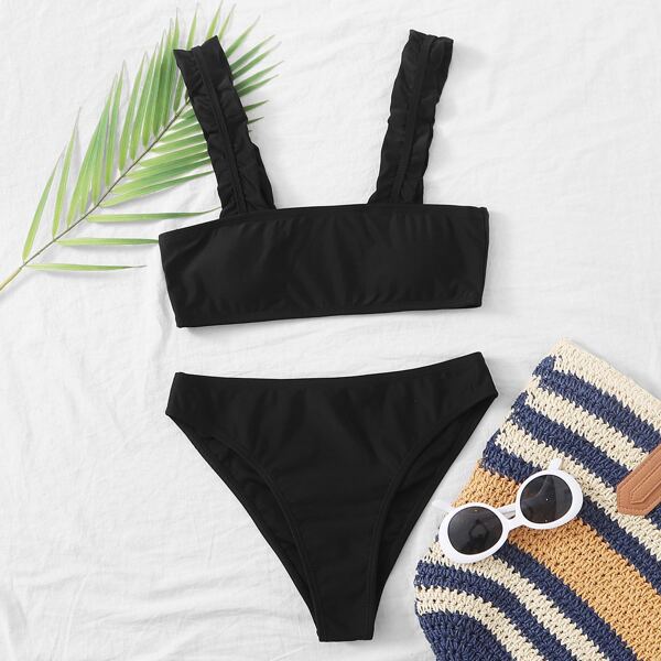 

Frill Strap Square Neck Bikini Swimsuit, Black
