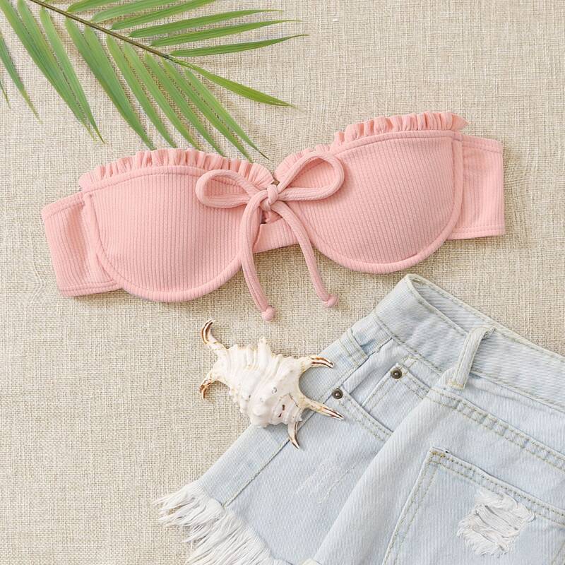 

Rib Frill Underwire Bandeau Bikini Top, Pink