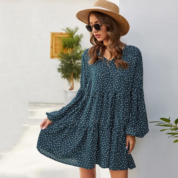 

Polka Dot V-neck Lantern Sleeve Babydoll Dress, Green