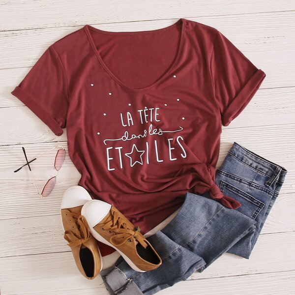 

Letter & Dot Print Tee, Burgundy