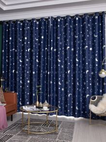 現代簡約風格跨國大星月圖案臥室和客廳遮光窗簾,易於安裝隔熱防曬窗簾 - 藏蓝色 - 查看 2