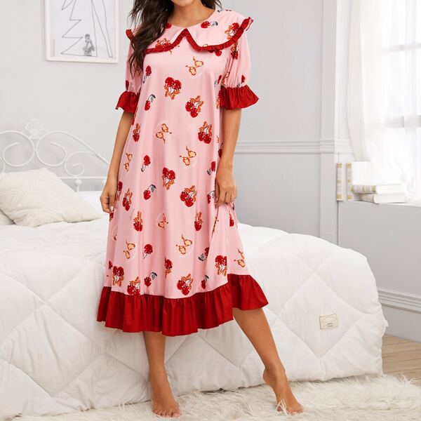 

Ruffle Hem Cherry & Butterfly Print Night Dress, Pink