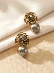 Andkiss Aretes De Perno Con Decoración De Estrás De Flores Y Perlas Falsas - Amarillo Oro - Ver 1