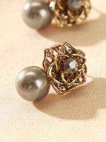 Andkiss Aretes De Perno Con Decoración De Estrás De Flores Y Perlas Falsas - Amarillo Oro - Ver 3