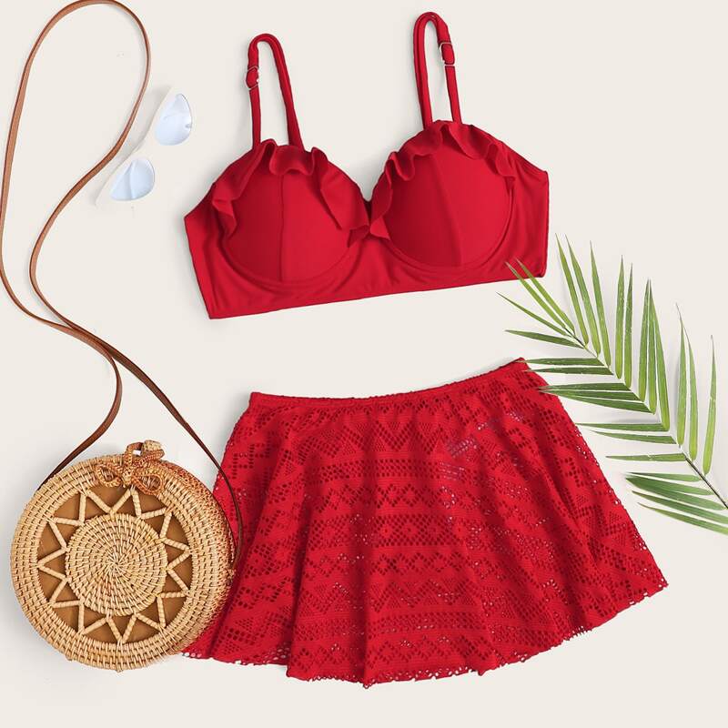 

Ruffle Trim Underwire Skirt Bikini Swimsuit, Red