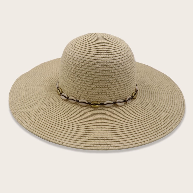 

Shell & Bow Decor Straw Hat, Beige