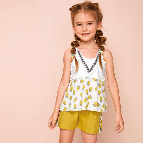 

Toddler Girls Tribal Frill Cami Top With Contrast Lace Shorts, Multicolor