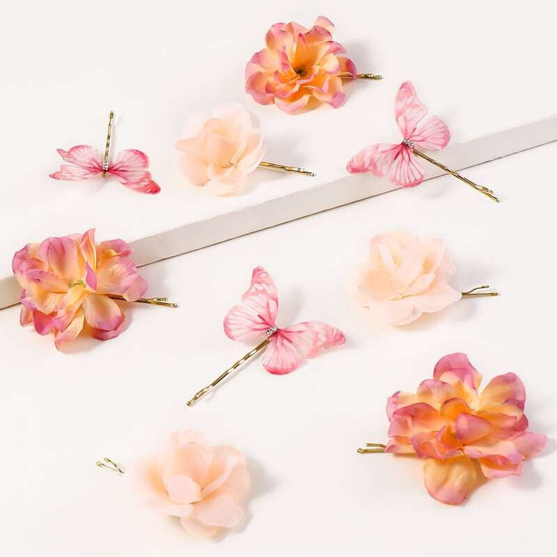 

9pcs Flower & Butterfly Decor Bobby Pin, Multicolor