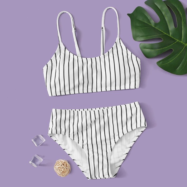 

Girls Striped Bikini Swimsuit, Black and white