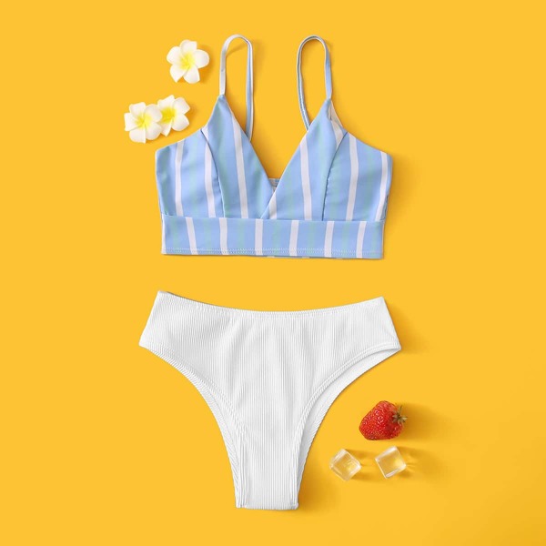 

Girls Striped Rib Bikini Swimsuit, Multicolor