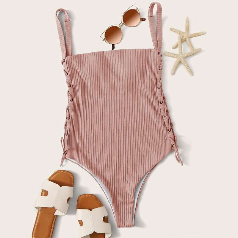 

Rib Lace-up Side One Piece Swimsuit, Pink