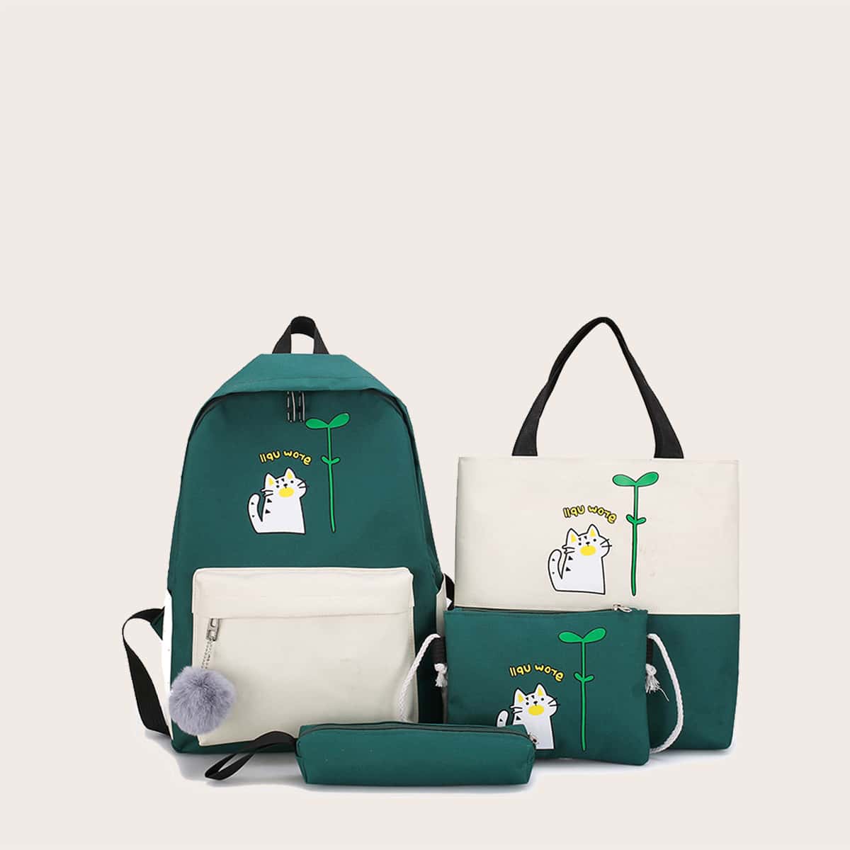 

4pcs Cartoon Graphic Two Tone Backpack With Pencil Case, Green