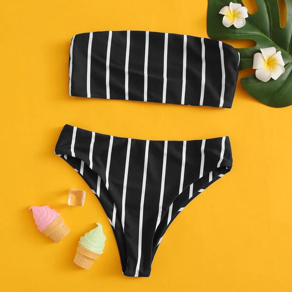 

Girls Striped Bandeau Bikini Swimsuit, Black