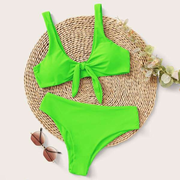 

Neon Green Knot Front Bikini Swimsuit