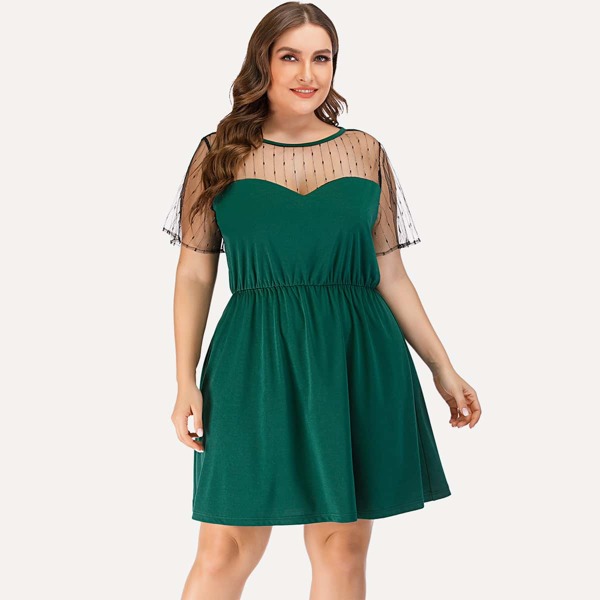 

Plus Contrast Mesh A-line Dress, Green