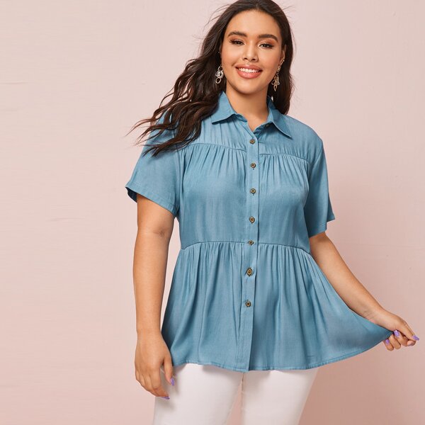 

Plus Ruffle Hem Button Up Denim Blouse, Blue