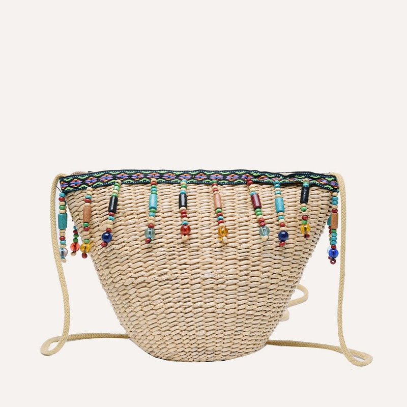

Beaded Charm Straw Crossbody Bag, Khaki