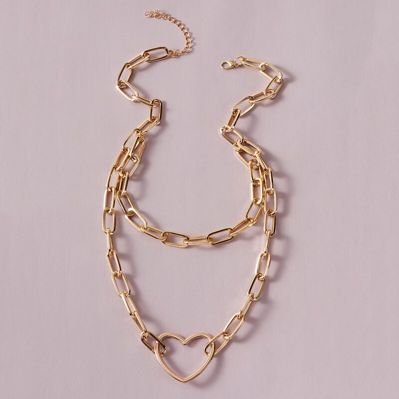 

1pc Hollow Out Heart Decor Layered Chain Necklace, Gold