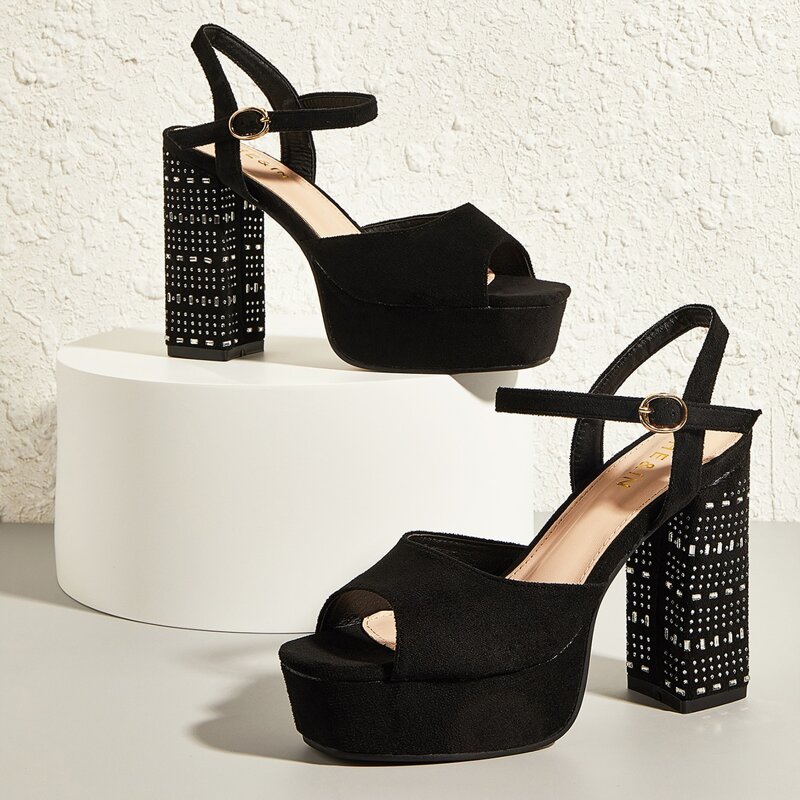 

Peep Toe Ankle Strap Chunky Heels, Black