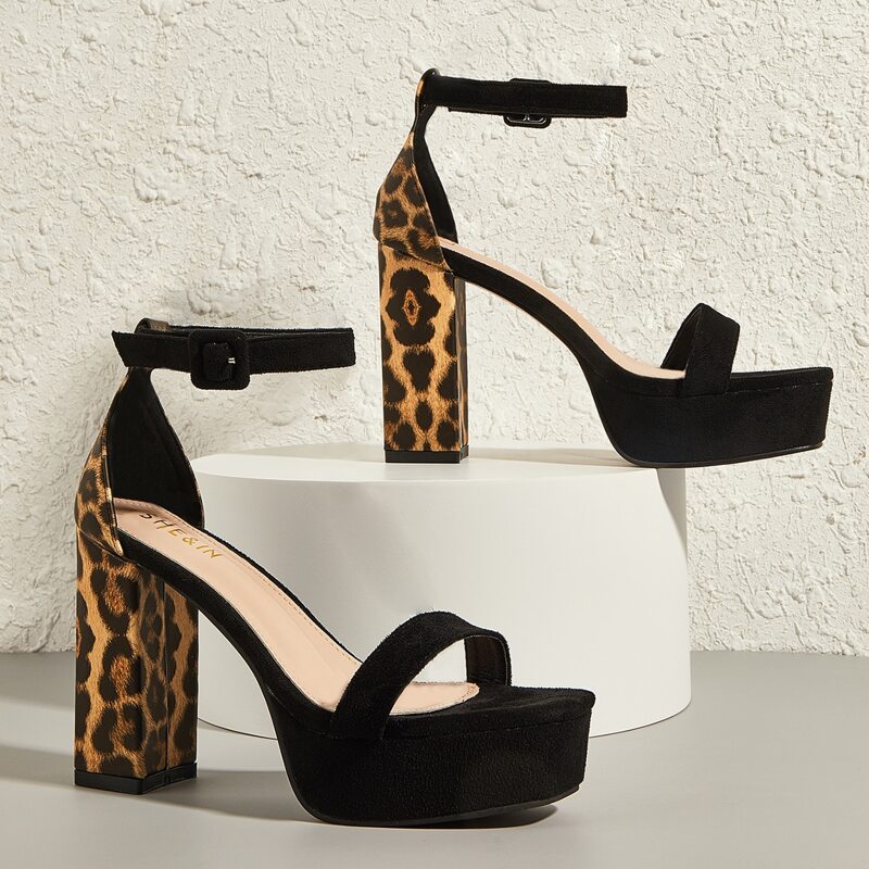 

Ankle Strap Leopard Chunky Heels, Black