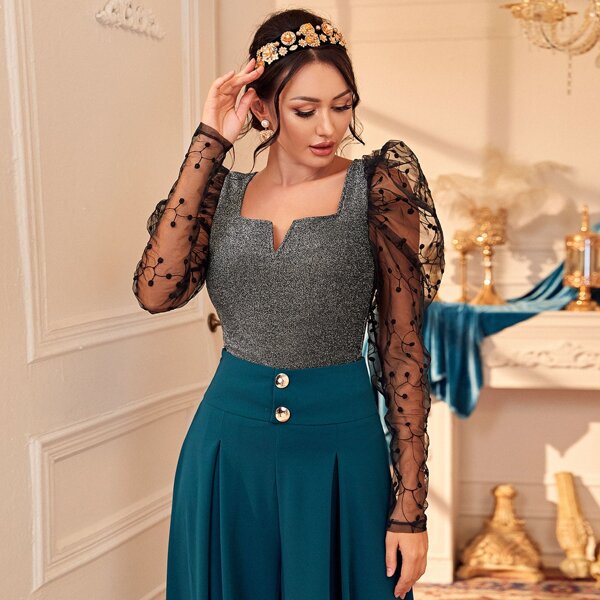 

Notch Neck Embroidered Mesh Gigot Sleeve Glitter Top, Grey