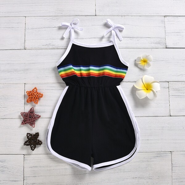

Toddler Girls Rainbow Stripe Contrast Binding Cami Romper, Black