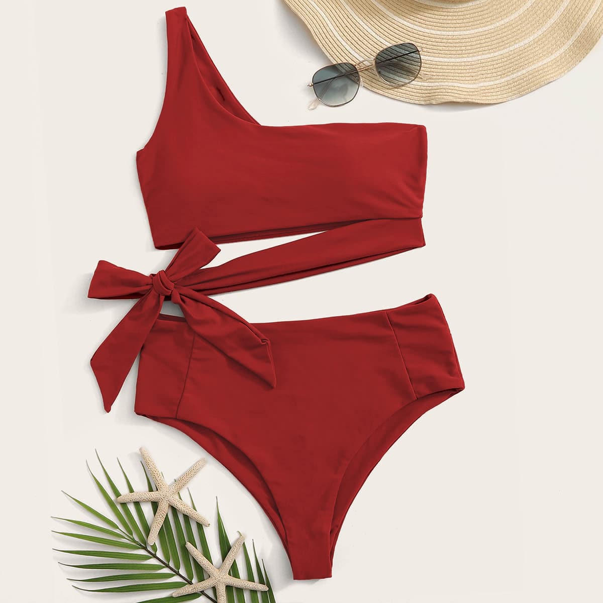 

Tie Waist One Shoulder Bikini Swimsuit, Red