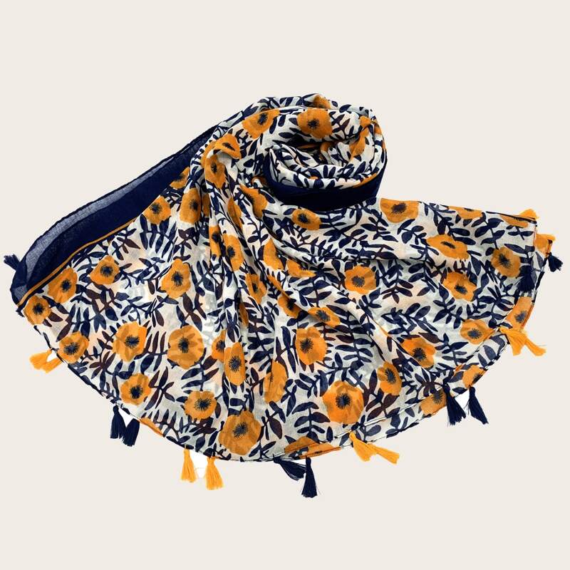 

Floral Pattern Tassel Decor Scarf, Multicolor