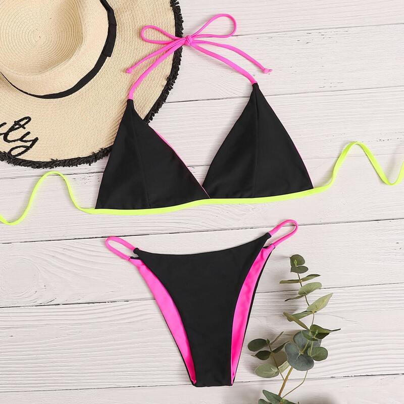 

Contrast Binding Halter Tanga Bikini Swimsuit, Black