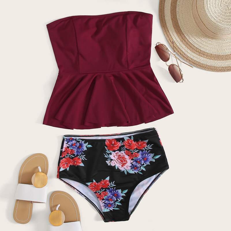 

Floral Ruffle Hem Bandeau Bikini Swimsuit, Multicolor