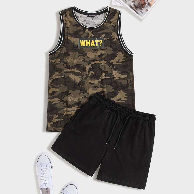 

Guys Letter Graphic Camo Tank Top and Track Shorts Set, Multicolor