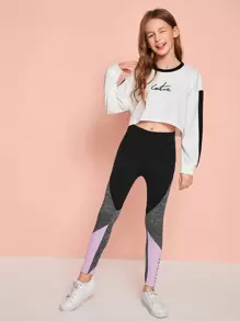 SHEIN Girls Letter Graphic Colour Block Leggings - Multicolor - View 3