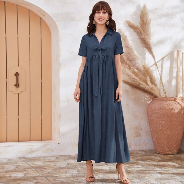 

Collared Tie Front Smock Dress, Navy blue