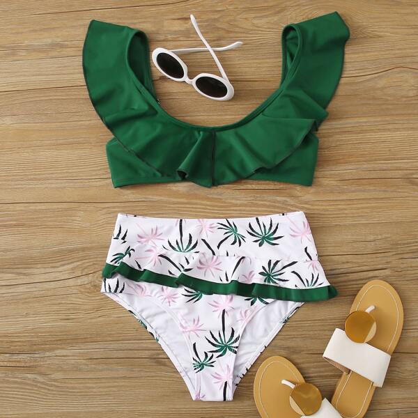 

Tropical Ruffle Trim Bikini Swimsuit, Multicolor