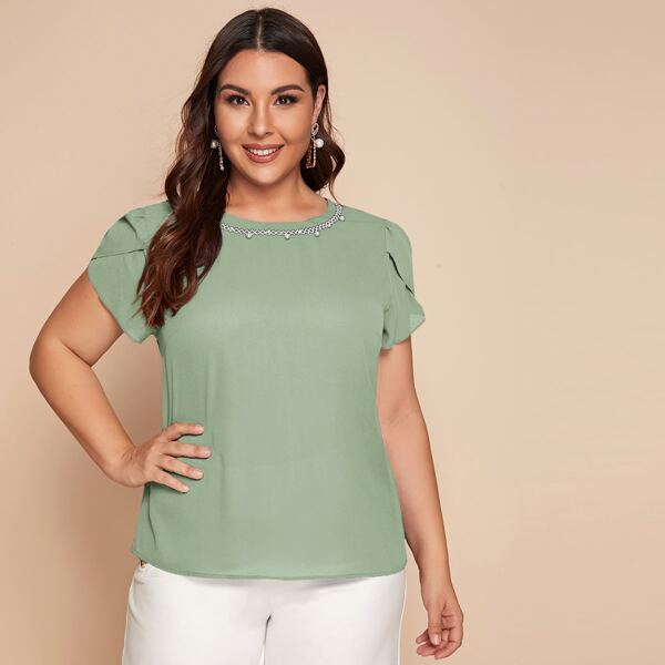 

Plus Petal Sleeve Embroidered Pearl Detail Top, Green pastel