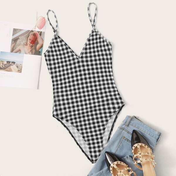 

Double V-neck Gingham Cami Bodysuit, Black and white