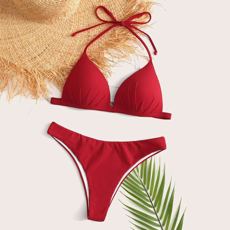 

Halter Triangle Cheeky Bikini Swimsuit, Red