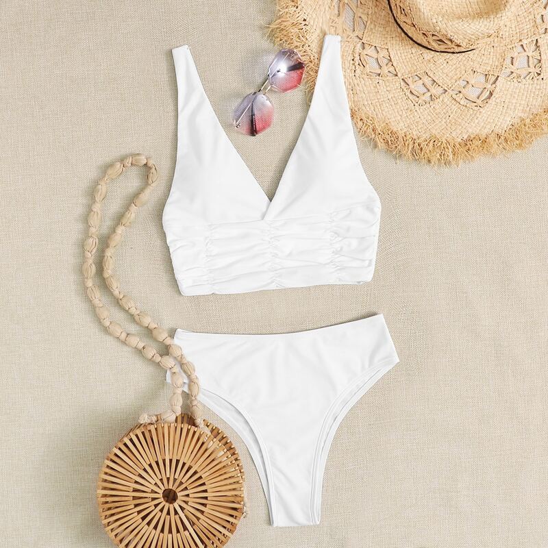 

Ruched High Waisted Bikini Swimsuit, White