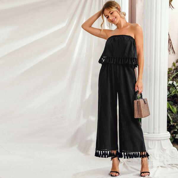 

Tassel Detail Wide Leg Two Layer Tube Jumpsuit, Black