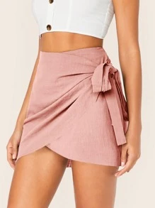 SHEIN Wrap Tie Side Skirt - Pink - View 3