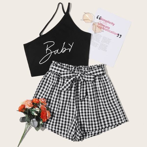 

Letter Graphic Top With Gingham Belted Shorts, Black and white