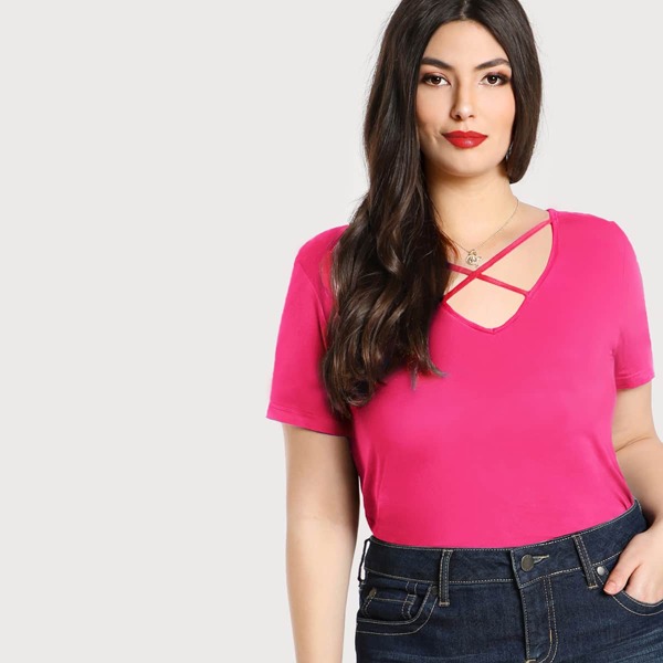 

Plus Neon Pink Crisscross Neck Tee, Bright pink