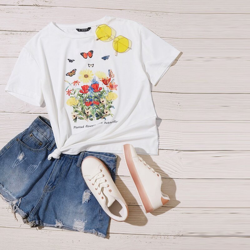 

Butterfly & Floral Slogan Graphic Top, White