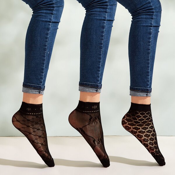 

Floral Pattern Fishnet Socks, Black