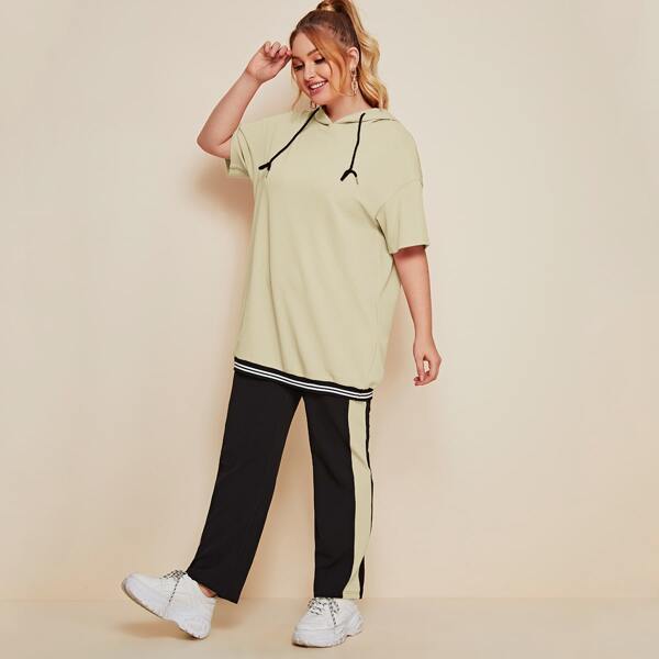 

Plus Drop Shoulder Striped Hem Drawstring Hoodie & Pants Set, Multicolor