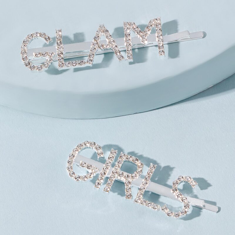 

2pcs Rhinestone Engraved Letter Decor Bobby Pin, Silver