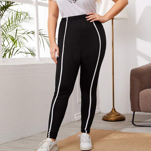 

Plus Contrast Tape Elastic Waist Leggings, Black