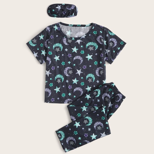 

Girls Star & Moon Print Tee & Pants PJ Set With Eye Cover, Navy blue